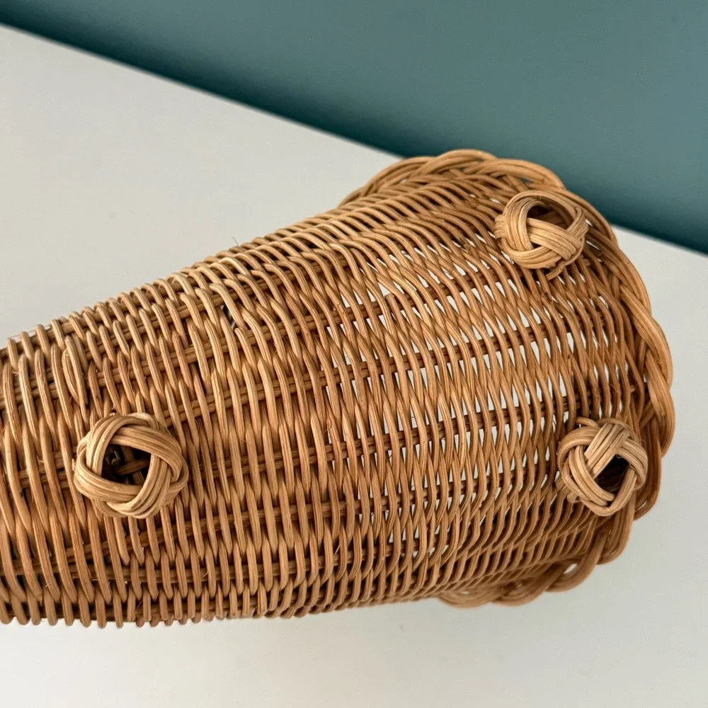 Vintage Woven Natural Fiber Wicker Horn-of-Plenty Cornucopia Basket Farmhouse